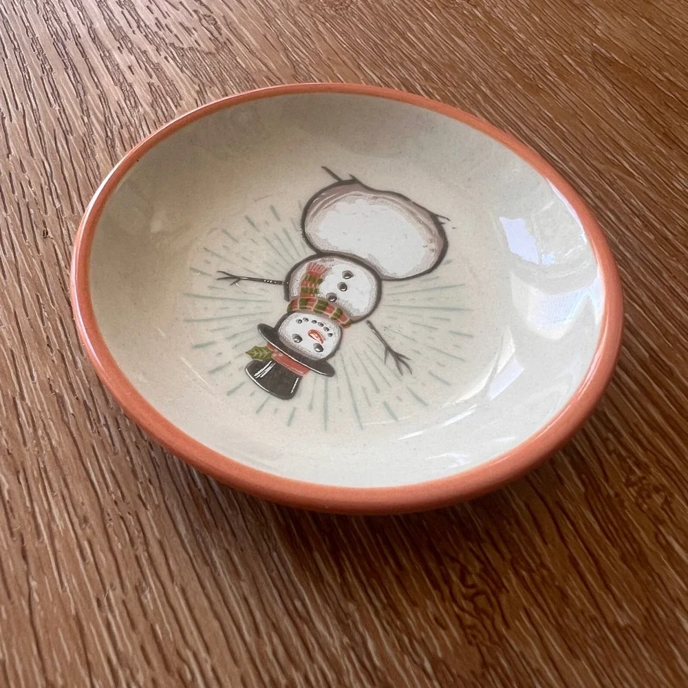 Chad Barrett Snowman Ceramic Trinket Dish Small 3.75 Inch Christmas Bowl Holiday